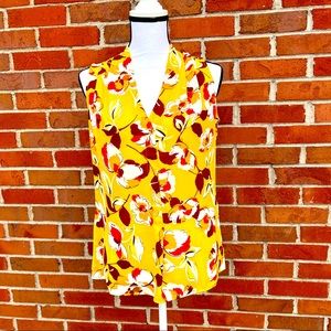 Rose & Olive Sleeveless Yellow & Red Floral Print Semi Sheer Blouse Womens Small